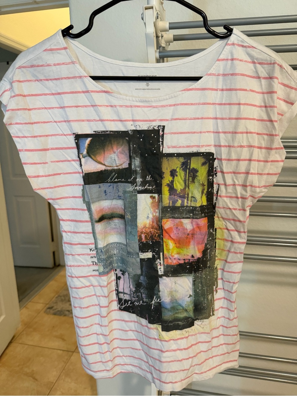 Express White Tee with Pink Stripes and Multicolor Graphic